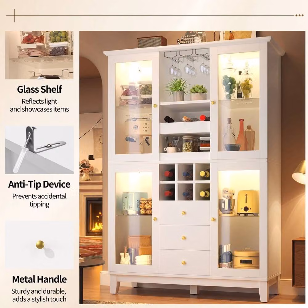 PAWNORA Modern White Matt Display Cabinet with Glass Doors, Integrated Lighting and Bottle Rack, H 180.5 x W 120.0 cm – 2