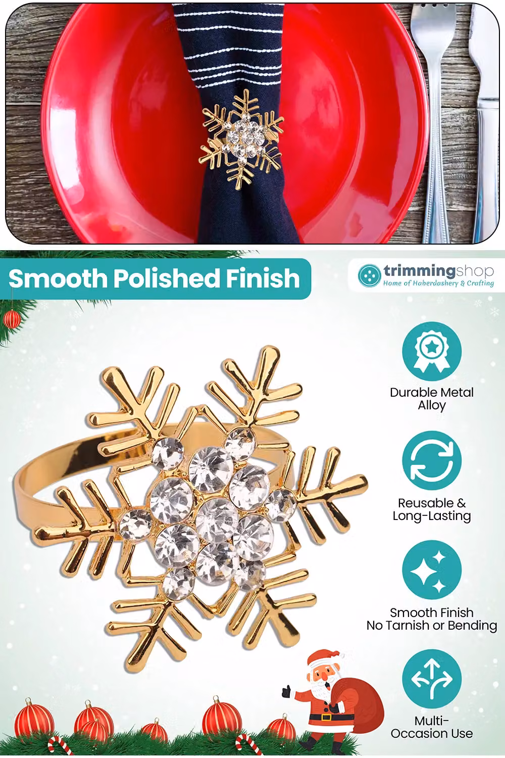 Neel Blue Silver Snowflake Napkin Rings with Gold Diamante Rhinestones – 2