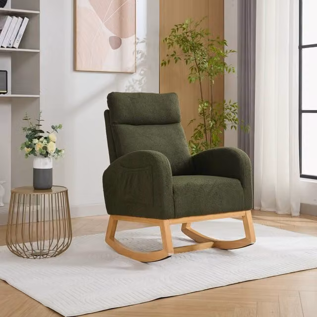 Direct Wicker Mid Century Modern Teddy Bouclé Fabric Upholstered Rocking Chair in Green