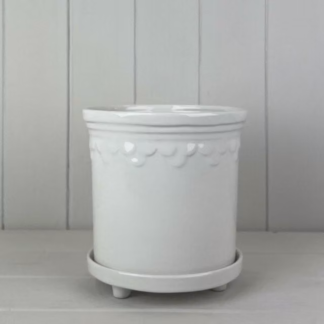 KDMD Classic Round Ceramic Tabletop Plant Pot with Saucer in White