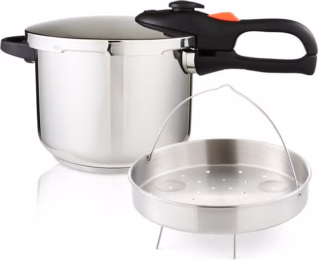 Geepas 6L Stainless Steel Pressure Cooker with Steamer Basket, Induction Compatible, Silver – 1