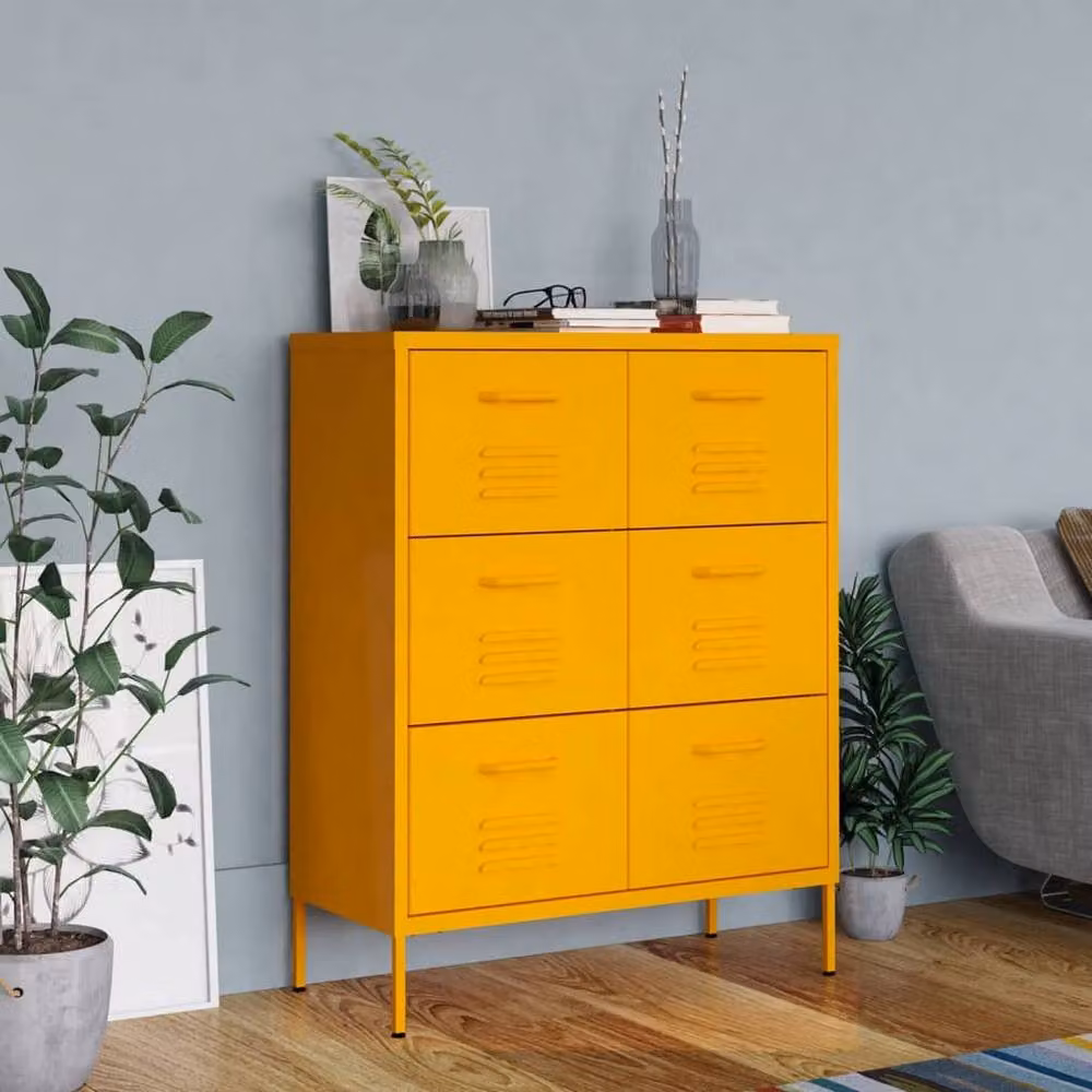 Berkfield Home Mustard Yellow Steel Drawer Cabinet W: 80 cm, D: 35 cm, H: 101.5 cm – 2