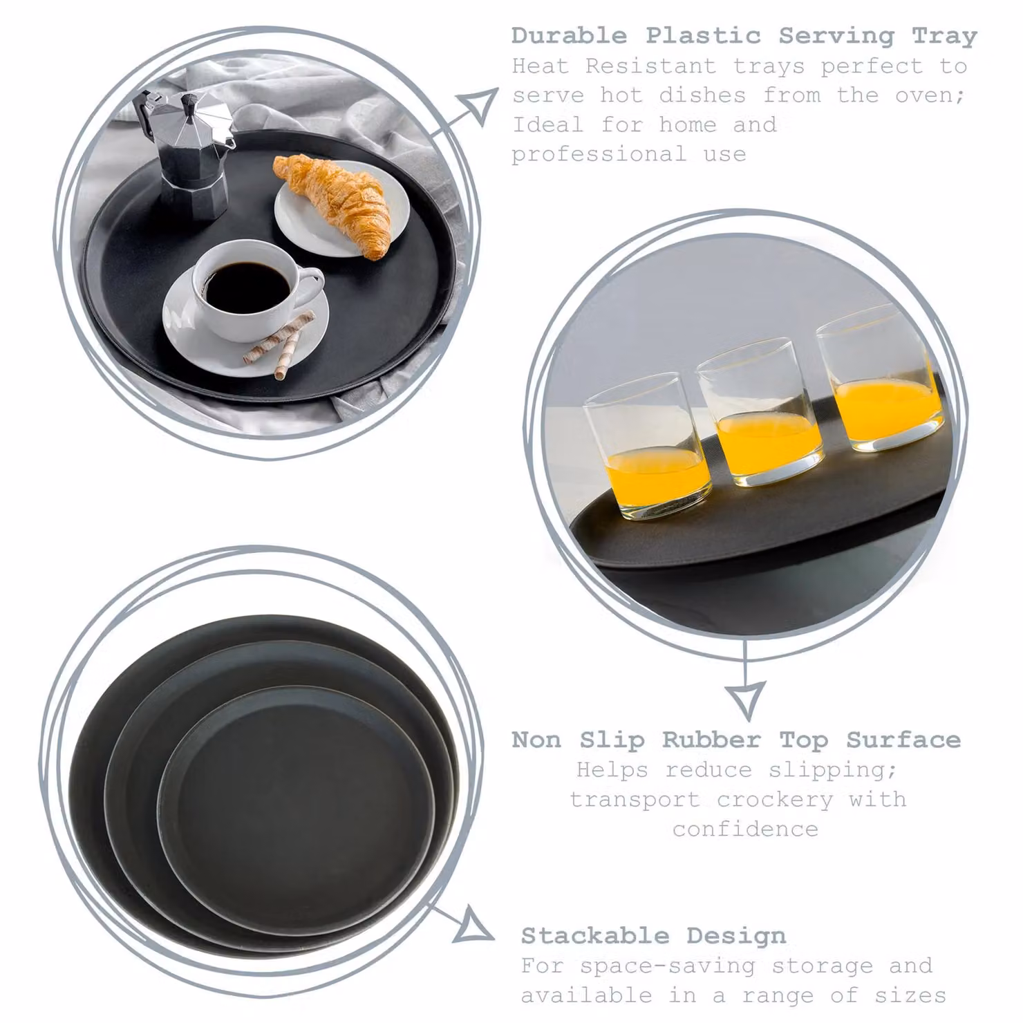 Argon Tableware Black Round Non-Slip Rubberised Serving Trays, Pack of 6, Diameter: 40 cm – 8