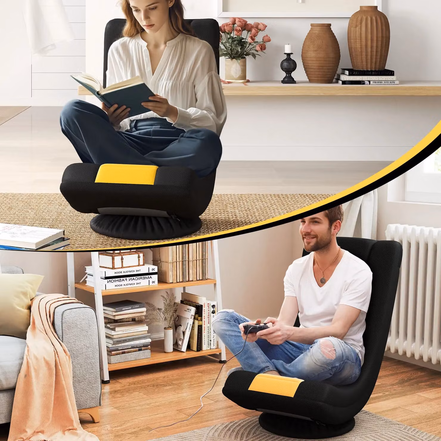 Gymax 360 Degree Swivel Gaming Chair with 4-Position Adjustable Folding Floor Sofa in Yellow – 6