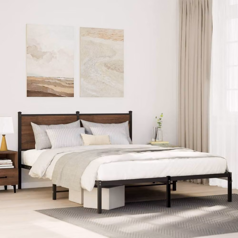Berkfield Home Metal and Wood Bed Frame in Smoked Oak Brown, W: 140 cm, D: 200 cm, H: 91.5 cm – 2