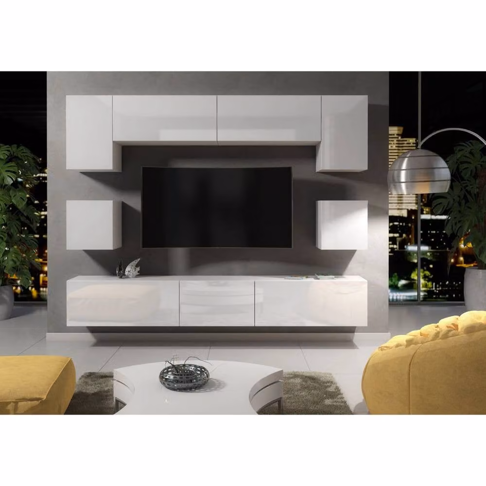 Creative Furniture Panorama Wall Mounted TV Unit in White with Glossy Hinged Doors – 2