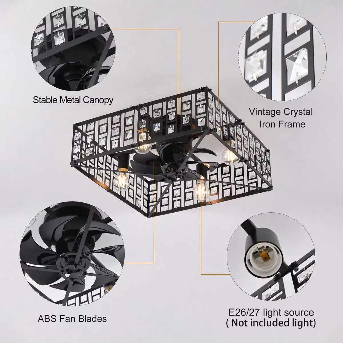 Garwarm 7-Blade Ceiling Fan with Remote Control and Light Kit, Black, Diameter: 50 cm – 6