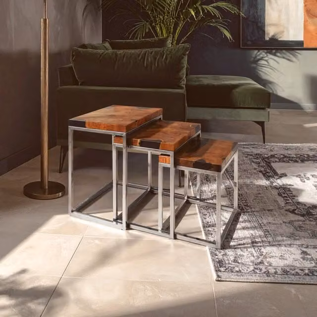 Orsina Set of 3 Modern Teak Wood Nesting Tables in Black and Silver