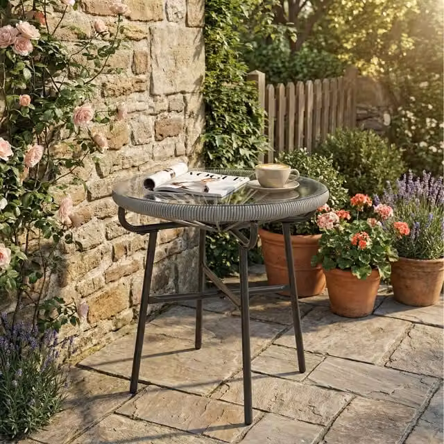 Outsunny Round PE Rattan Garden Table with Tempered Glass Top in Light Grey