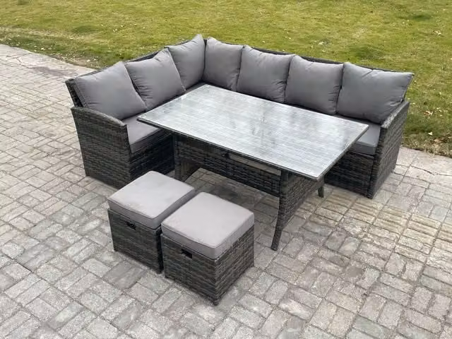 Fimous Outdoor Rattan Garden Furniture Set with Corner Sofa, Rectangular Dining Table and 2 Small Footstools in Dark Grey