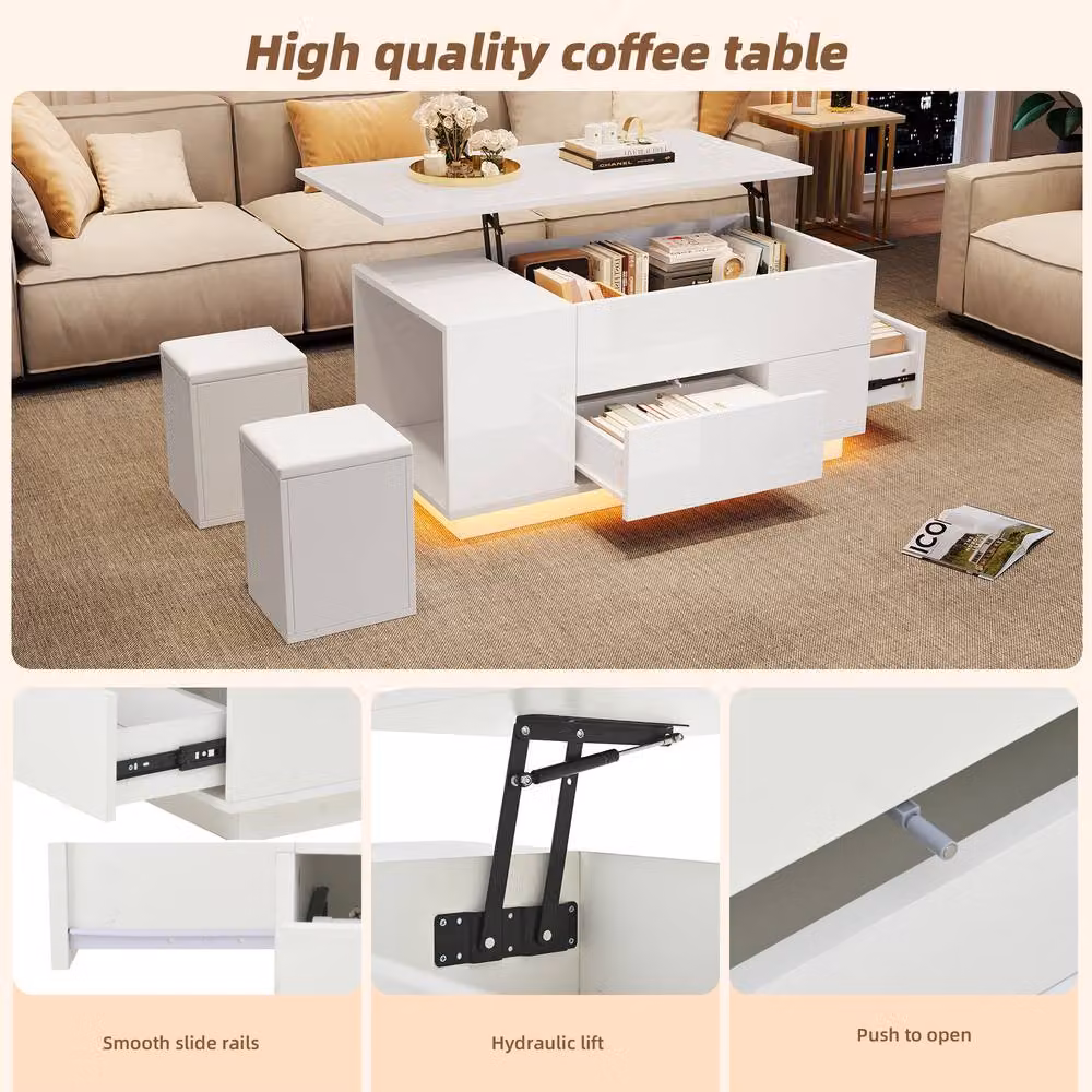 ModernLuxe High Gloss 4-in-1 Storage Coffee Table with LED and 2 Drawers in White – 4