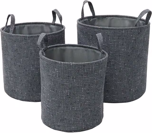 JVL Shadow Set of 3 Round Fabric Storage Baskets with Handles in Grey
