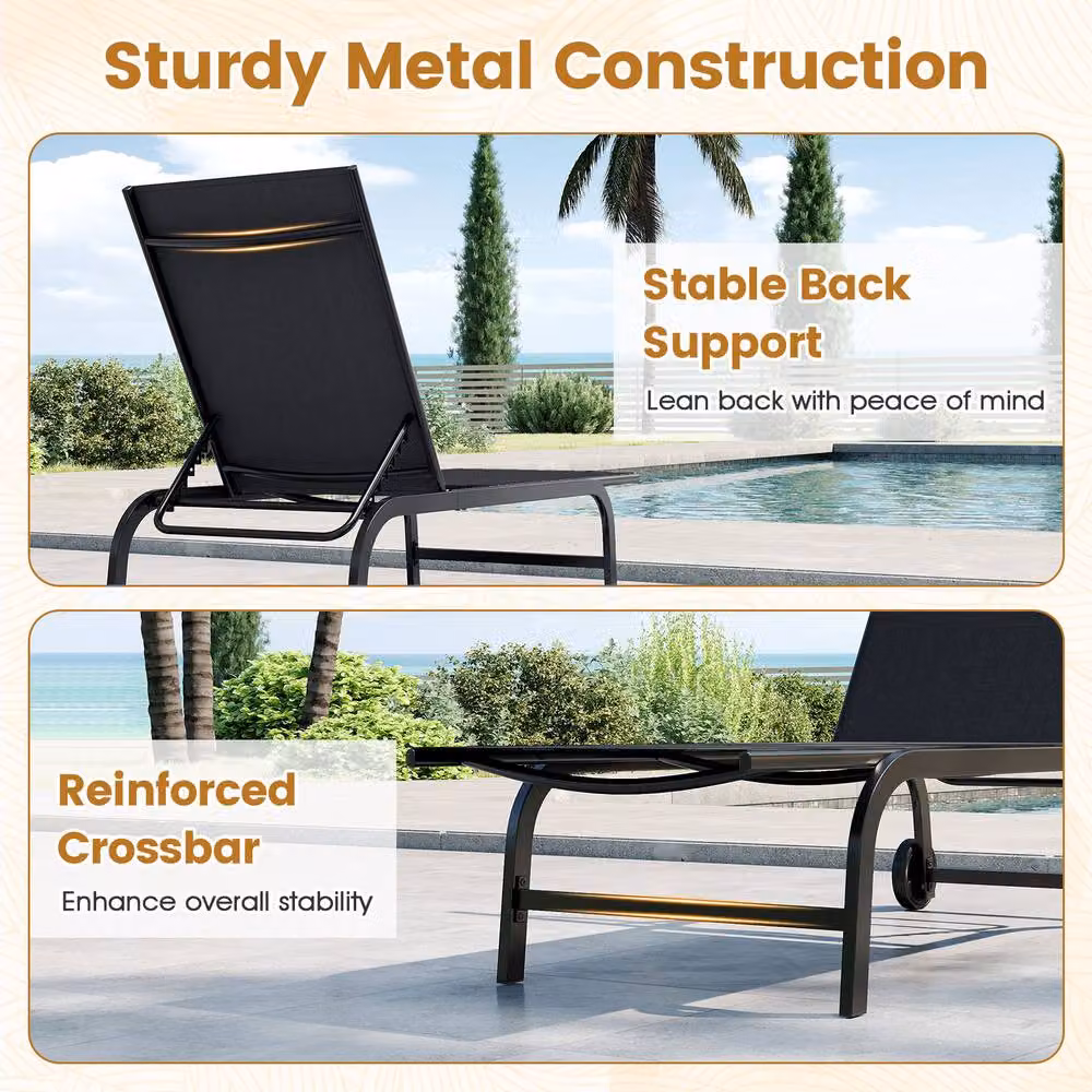 Costway Black 6-Position Reclining Chaise Lounge Chair with Wheels and 180 Degree Full Flat Function – 5