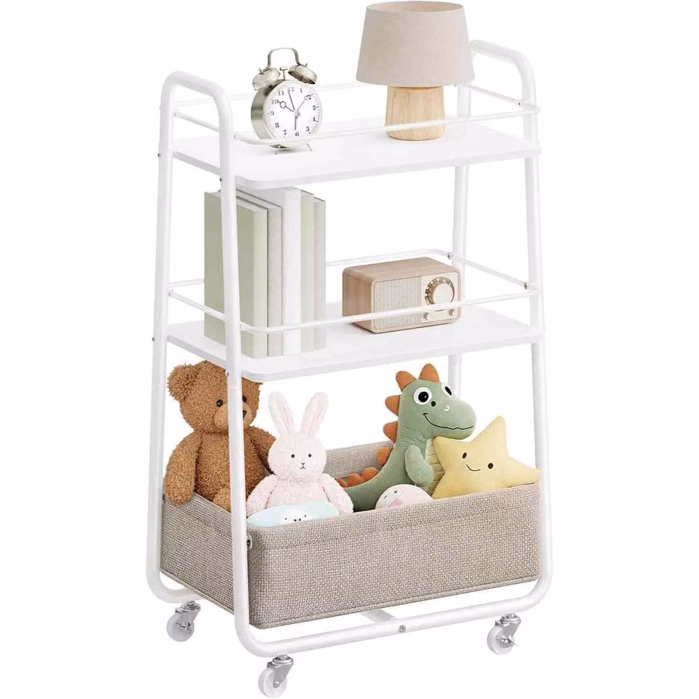 The Bazaarist 3 Tier Rolling Storage Cart with Fabric Baskets in White and Brown – 2