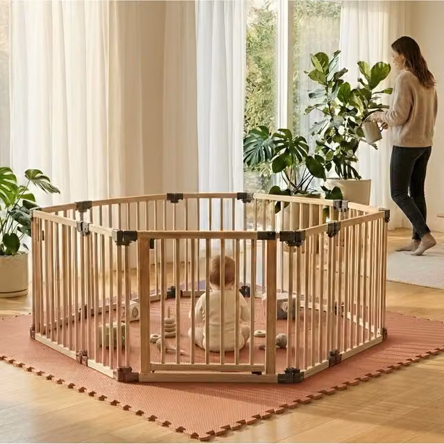 Safetots Hexagonal Wooden Play Den with Soft Foam Play Mat, Dusty Blue and Natural, W/D/H: 180 x 150 x 80 cm