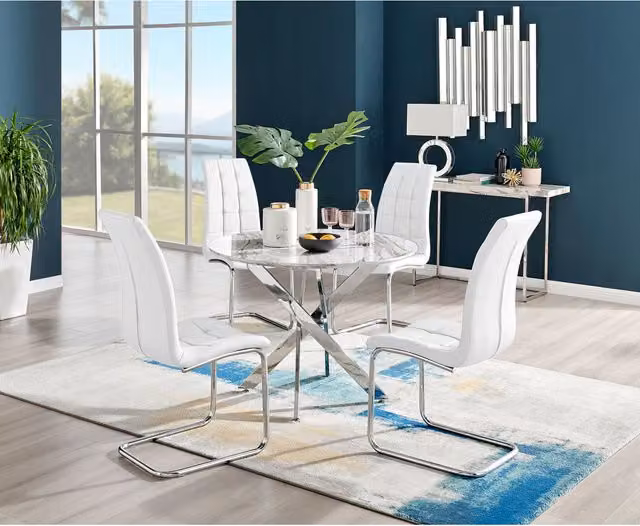 FurnitureboxUK Novara White Marble Effect Round Dining Table and 4 Murano Chairs in White and Silver