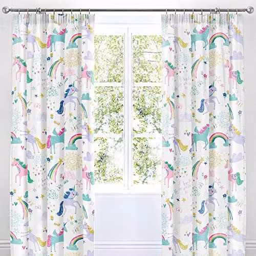 Bedlam J Rosenthal & Son Rainbow and Unicorn Semi-Transparent Fabric Curtains, Multicolour, 2 Panels, W/H: 168 x 183 cm