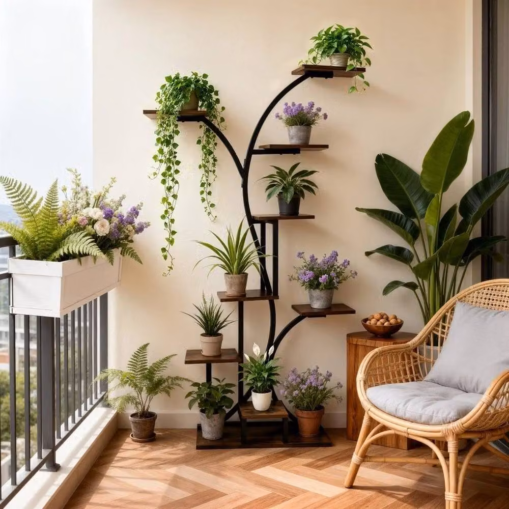 EONLION Industrial Metal and MDF Plant Stand Flower Potted Holder in Brown and Black, H 165.0 cm x W 60.0 cm x D 8.0 cm – 5