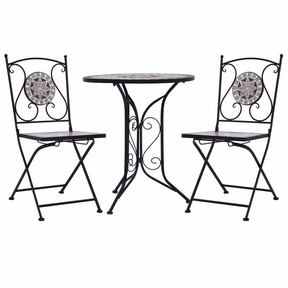 Berkfield Home 3 Piece Mosaic Bistro Set in Grey Ceramic and Powder Coated Steel