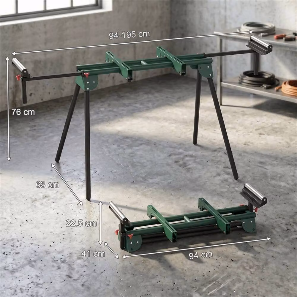 SPETLEK Universal Mitre Saw Stand with Adjustable Rollers and Support Arms, Green, W: 1000 cm, D: 52 cm, H: 76 cm – 2