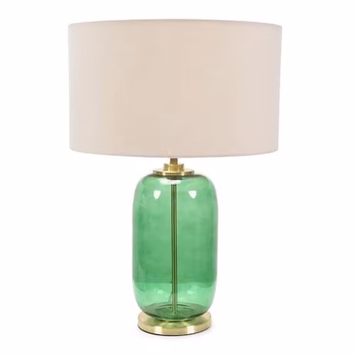 ValueLights Forest Green Glass and Gold Table Lamp with Beige Fabric Drum Shade, Includes LED Bulb