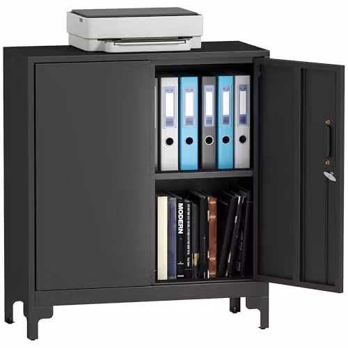 HOMCOM Lockable Metal Filing Cabinet with 2-Tier Storage and Hinged Doors, Black, W: 80 cm, D: 35 cm, H: 91 cm