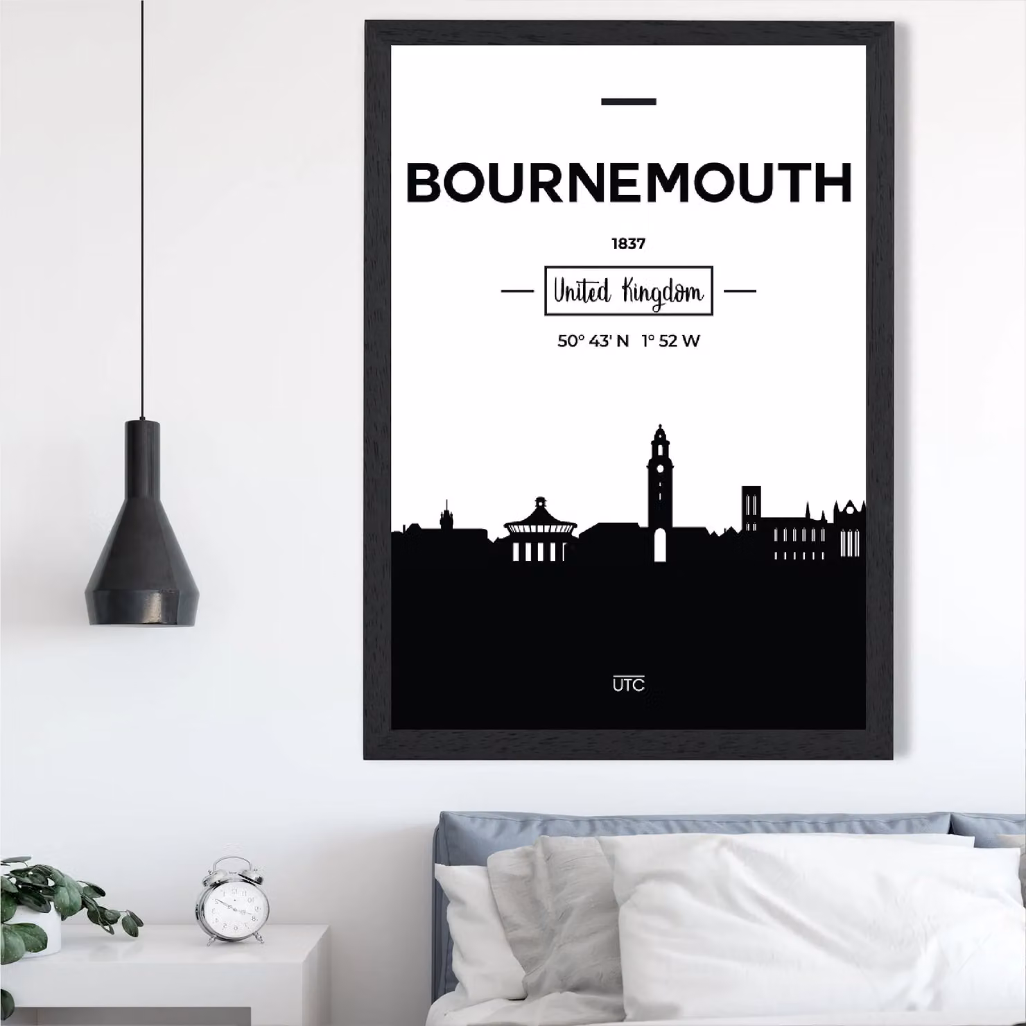 ARTZE Bournemouth Black and White City Skyline Framed Print, A3 – 2
