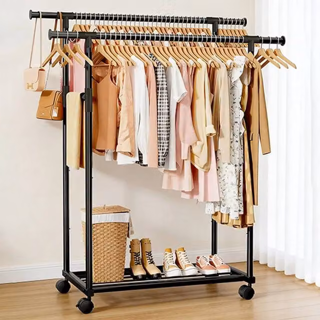 FORGEVIO Heavy Duty Metal Double Rail Clothes Garment Rack in Black, W/D/H: 50 x 73 x 143 cm