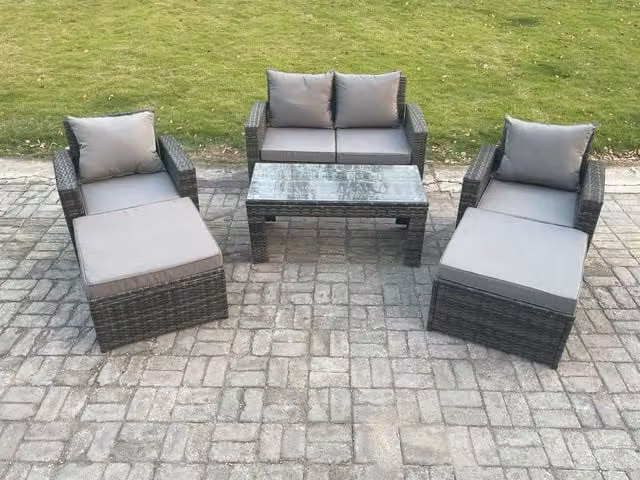 Fimous 6 Seater High Back Rattan Garden Furniture Set in Dark Grey with Rectangular Coffee Table, Armchairs and 2 Footstools
