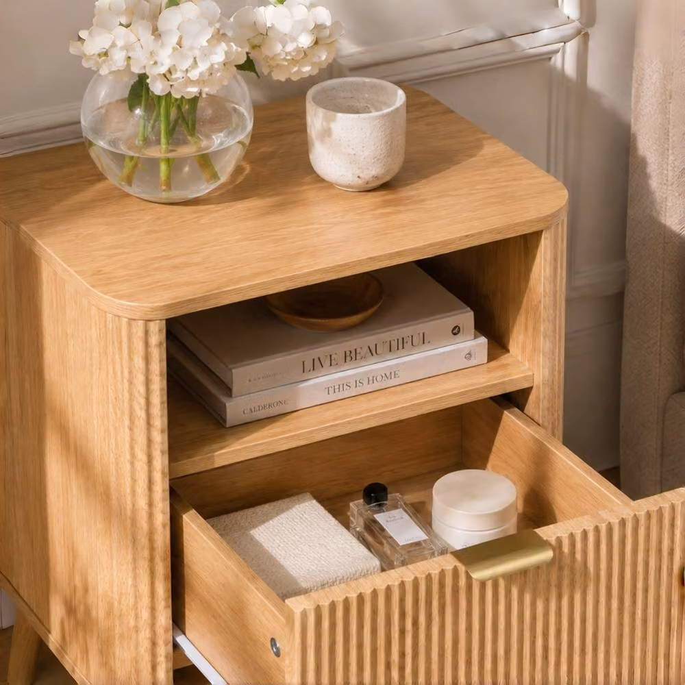 Merax Set of 2 Fluted Bedside Tables with Drawer and Open Shelf in Light Oak – 2