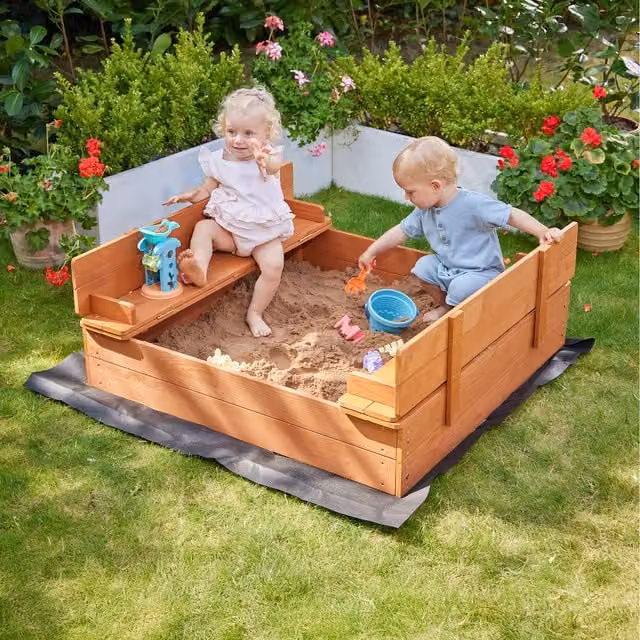 Liberty House Toys Kids Wooden Sandpit with Seating and Cover in Brown