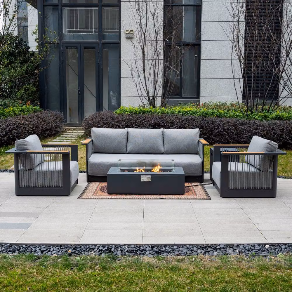 MIMO Garden Grey Rope Weave 3 Seater Outdoor Sofa Set with Iron Fire Pit Table and Upholstered Cushions – 5
