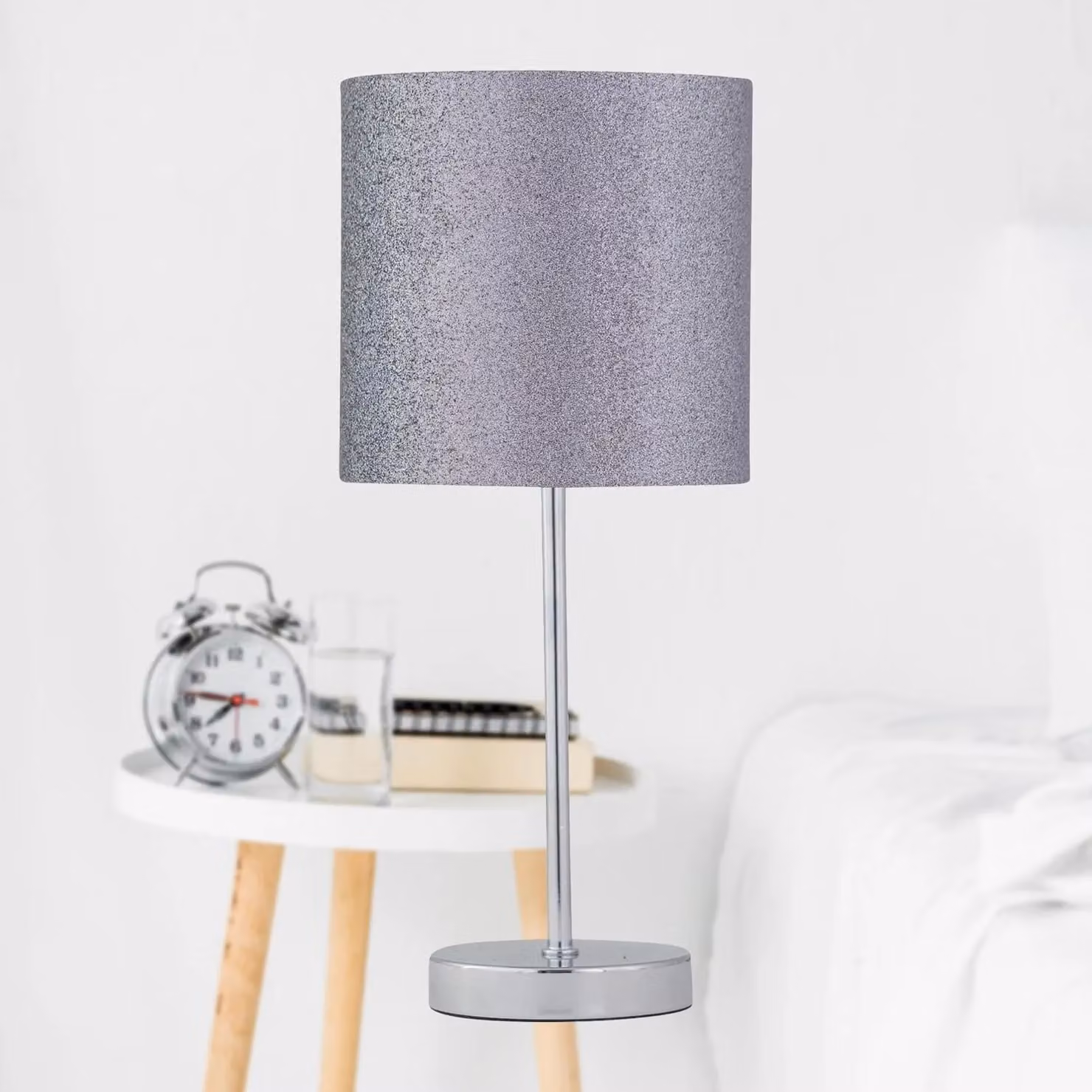 First Choice Lighting Chrome Touch Operated Dimmable Table Lamp with Silver Glitter Fabric Shade – 3