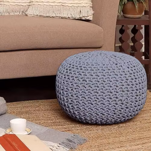 Home Sweet Home UK Snug City Silver Chunky Knitted Round Cotton Pouffe Ottoman W/D/H: 50 x 50 x 30 cm – 6