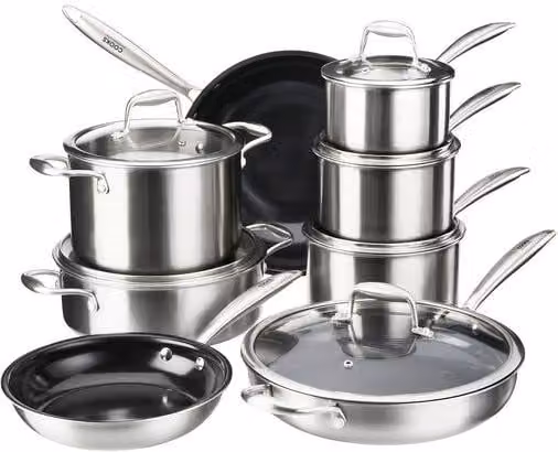 Cooks Professional 8 Piece Tri-Ply Cookware Set in Silver, including Saucepans, Frying Pans, Wok with Lid, Saute Pan and Stockpot
