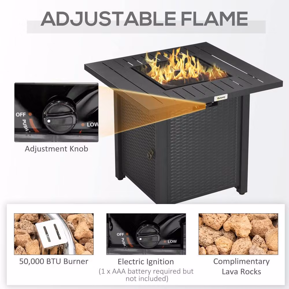 Rolipo Black Rattan Gas Fire Pit Table with Lava Rocks W/D/H: 71 x 71 x 63 cm – 6