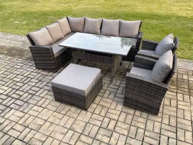 Fimous 9 Seater High Back Rattan Garden Furniture Set in Dark Grey with Corner Sofa, Rectangular Dining Table, 2 Armchairs and Large Footstool