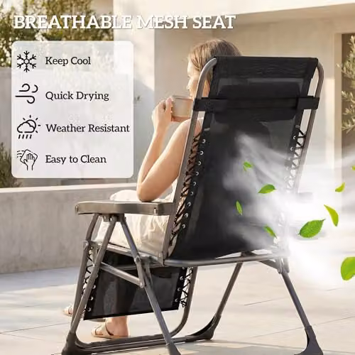 Outsunny Set of 2 Black Zero Gravity Garden Chairs with Adjustable Headrest, Side Tray and Cup Holders – 8