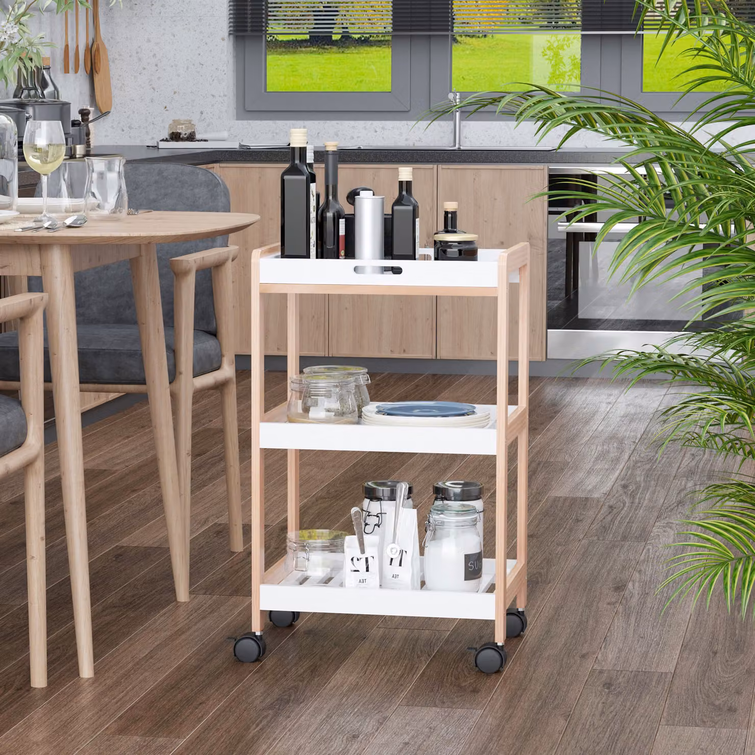 HOMCOM 3-Tier Mobile Kitchen Trolley Cart with Storage Shelves and Rolling Wheels, White, W/D/H: 46 x 35 x 74.5 cm – 2