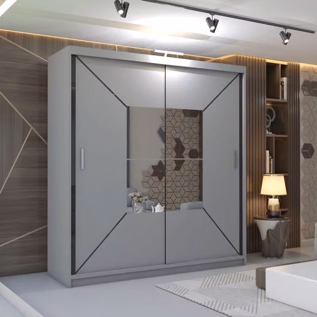 MN Furniture Naxos Sliding Mirror Wardrobe with LED Light, Grey, W/H: 120 x 217 cm