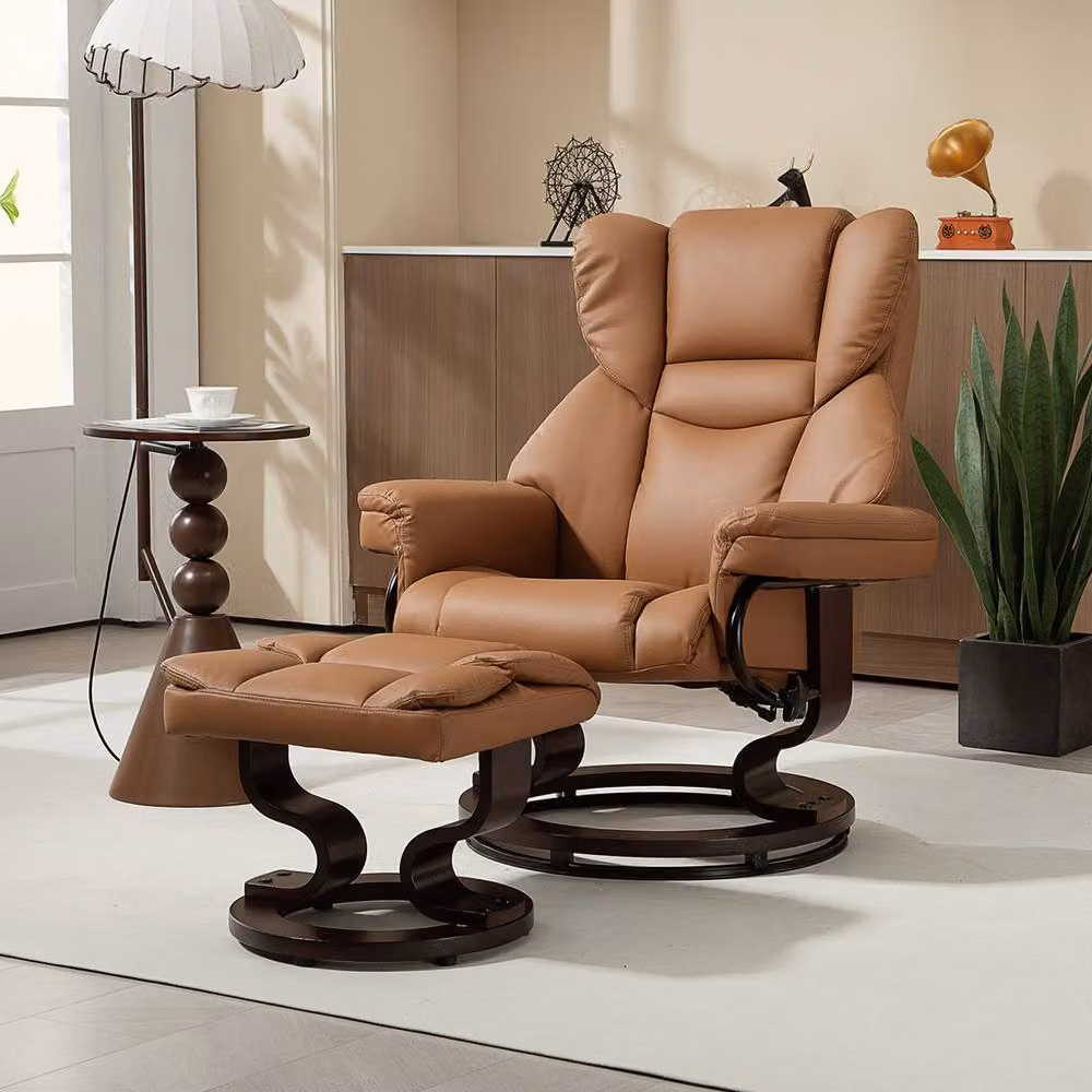 STILVORA Brown Faux Leather Recliner Armchair with Ottoman and 360 Degree Swivel Function – 3