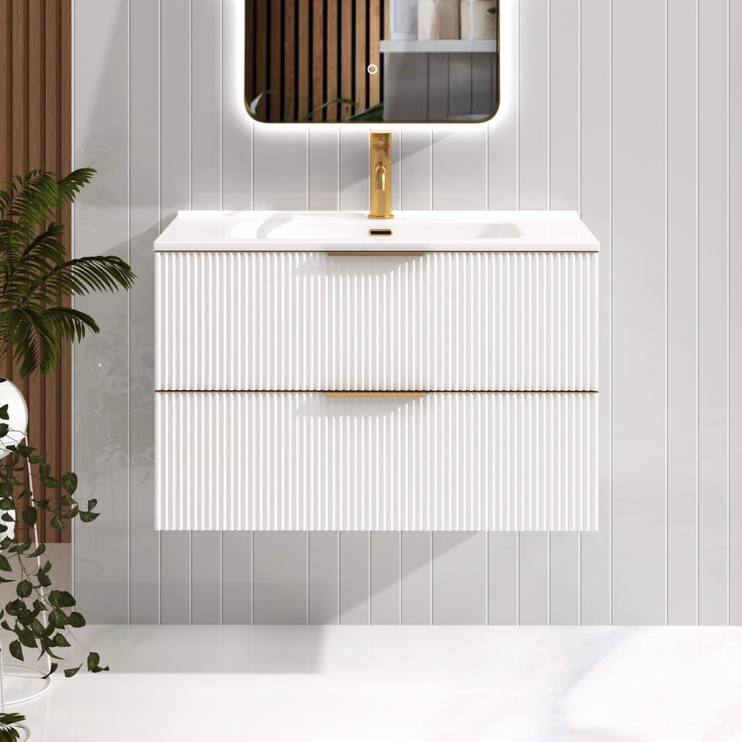 Royal Bathrooms Evora 800mm Matt White Fluted Wall Hung Vanity Unit with 2 Drawers, Ceramic Basin and Brushed Brass Handles