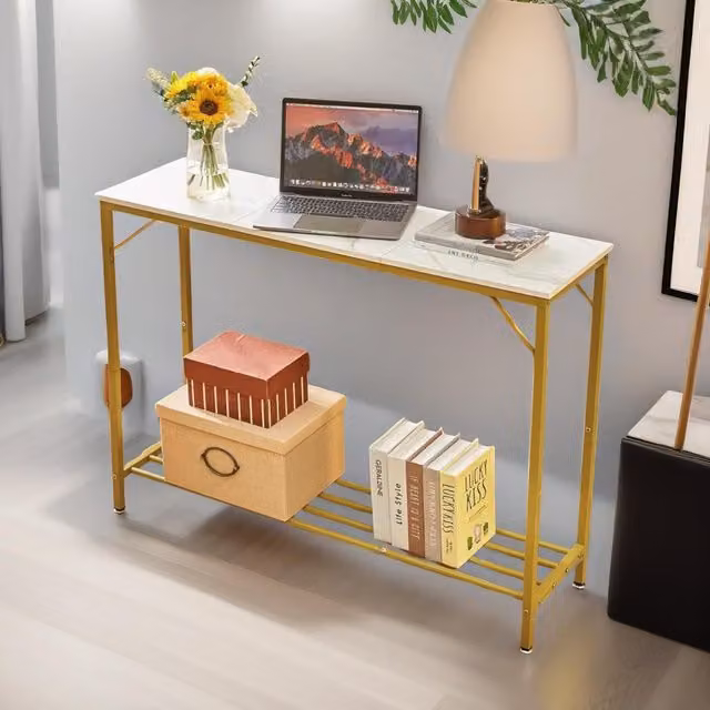 FURNOS 2-Tier Gold and Black Metal Console Table with Rustic Brown Composite Top