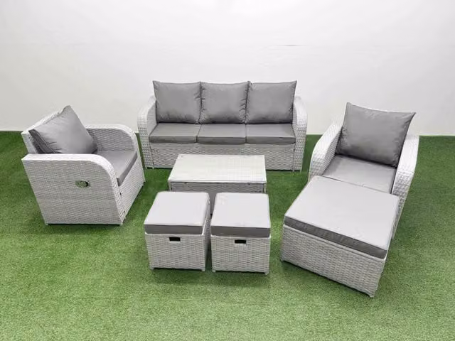 Fimous PE Rattan Garden Furniture Set in Light Grey with 3-Seater Sofa, Coffee Table, and Matching Ottoman