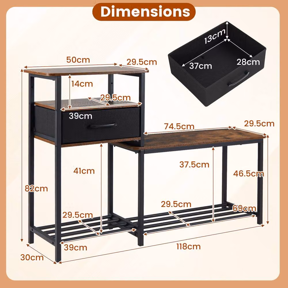 Costway 3-Tier Industrial Shoe Rack Bench with Drawer in Brown – 2