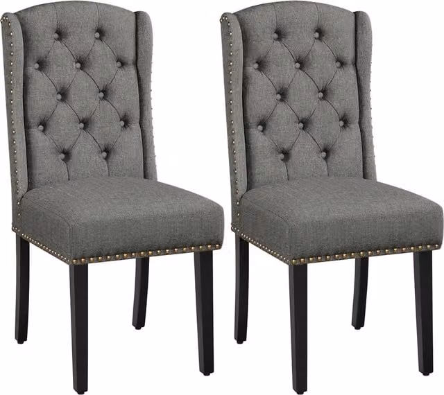 Yaheetech Set of 2 Classic Button Tufted Dining Chairs in Grey Fabric with Rubberwood Frame