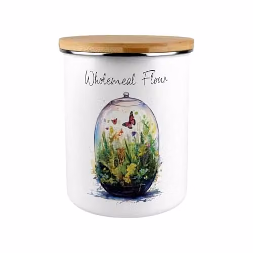 Purely Home Flourishing Terrarium Wholemeal Flour Storage Canister, 2.7 l, Green and White Enamel with Bamboo Lid