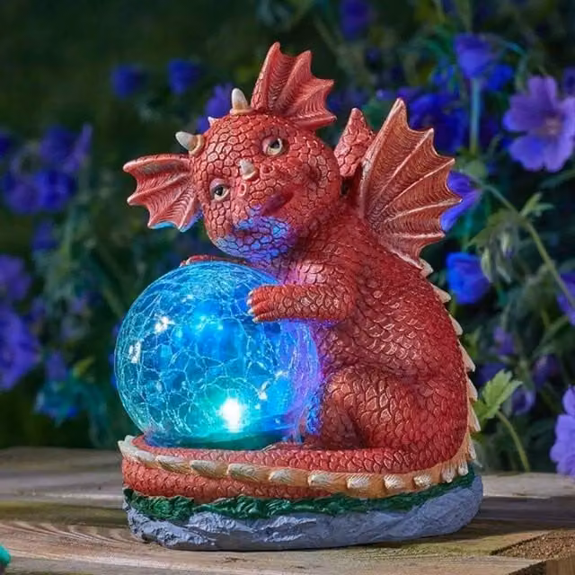 Marco Paul Solar LED Dragon Ornament with Crackle Ball in Red, Height: 70 cm – 1