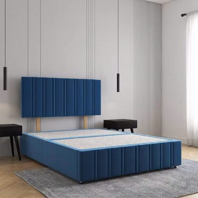 REGIONAL FURNISHINGS Plush Velvet Divan Bed with 24 inch Headboard and Footboard in Blue, Single Size (90 x 190 cm)