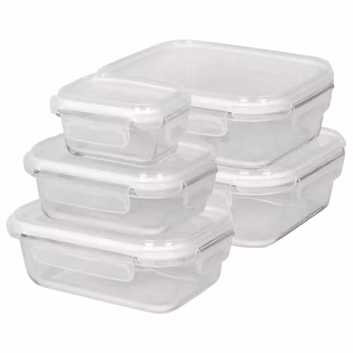 Harbour Housewares 5-Piece Glass Food Storage Container Set with Clip Lids in Transparent and White